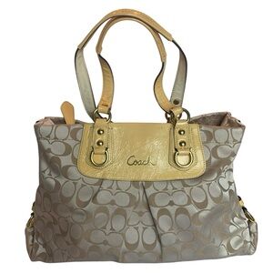 Coach Bag Ashley Signature Jacquard Patent Leather Top Handle Beige Yellow Gold